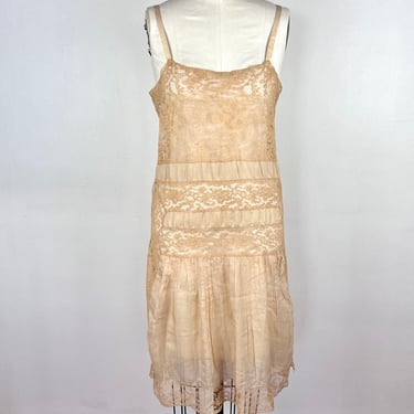 Vintage 30s 20s Cream Slip / 1920s 1930s Beige Silk Lace Dress / Vintage 30s Nightgown Lingerie Negligee Pin Up Pinup VLV Small XS Peignoir 
