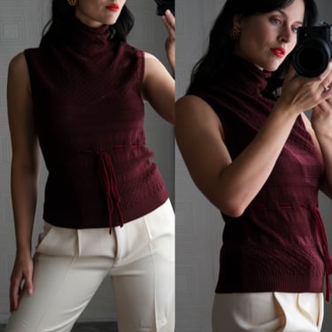 Vintage VALENTINO Merlot Knit Turtleneck Sweater Tank Top w/ Velvet Ribbon Waist Tie | Made in Italy | Y2K Italian Designer Sweater Knit Top 