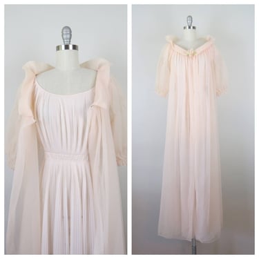 Vintage 1950s Vanity Fair peignoir lingerie set, nightgown matching robe, nylon 
