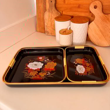 Vintage Black Floral Japanese Floral Laquer Tray | Set of 3 
