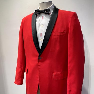 1960'S Tuxedo Jacket - Tomato Red Cotton - Black Satin Shawl Collar - AFTER SIX by Rudofker - Men's MEDIUM -Size 40 Reg 