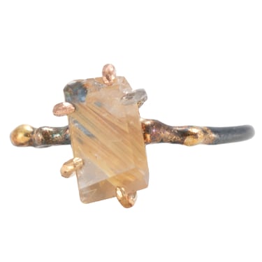 Rutilated Quartz Small Stone Ring - 18k/14k Gold +  Oxidized Sterling Silver