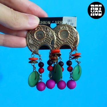 DEADSTOCK Southwestern Vibes Vintage 80s 90s Boho Colorful Beaded Drop Metal Earrings 