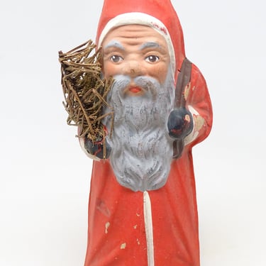 Antique German Belsnickle Santa with Feather Tree,  Vintage Christmas Holiday Decor 