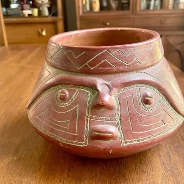 Vintage Marajoara Red Clay Pot Pottery Planter Brazil, Terracotta Face Head Cache Pot 