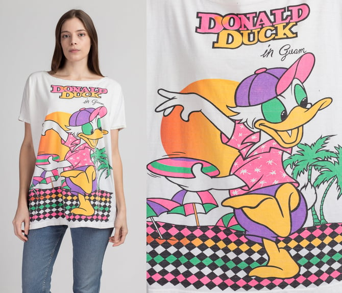 90s Donald Duck In Guam Oversize Vacation Tee - One Size | Vintage Disney Cartoon Graphic Tourist T Shirt 