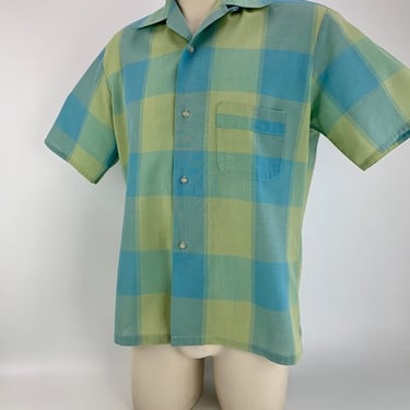 1950's - Early 60's Plaid Shirt - Loop Collar - TOWNCRAFT Label - Poly Blend - Large Block Plaid - Men's Size Medium 