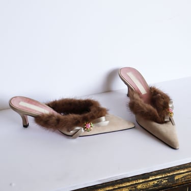 Vintage Christian Lacroix Nude Suede + Brown Mink Fur Trim Kitten Heel Mules with Jewel Charm + Ribbon Bow sz 37 7 90s Pointy Slides 