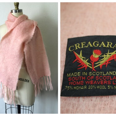 Vintage 1960s 70s Soft Pink Mohair CREAGARAN Scotland Scarf Neck LONG Rectangular / MCM 