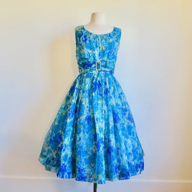 1950's Turquoise Blue and Green Chiffon Print Fit and Flare Party Dress Formal Cocktail 50's Spring Summer Rockabilly 30