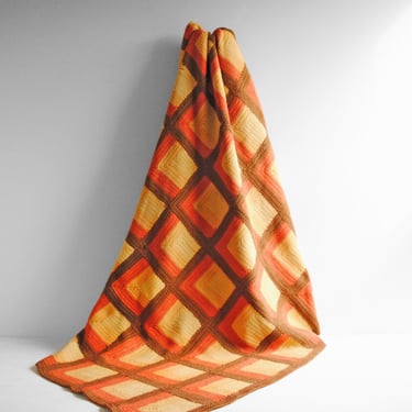 Vintage Orange, Yellow and Brown Hand Knitted Geometric Wool Blanket 