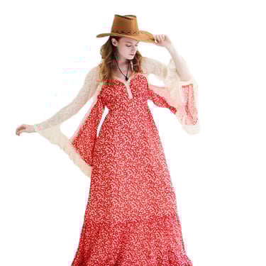 Vintage Gunne Sax Red Print Lace Bell Sleeve Prairie Dress 