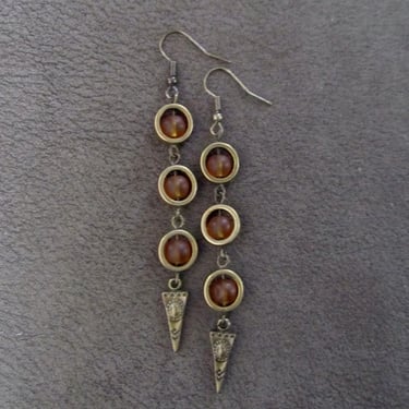 Orange frosted glass earrings, geometric earrings, artisan bronze 