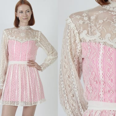 70s Romantic Prairie Dress, Pink Floral All Over Lace, Simple Barbiecore Party Mini, Vertical Striped Short Frock 