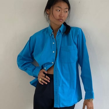 90s cotton boyfriend shirt / vintage Lord & Taylor turquoise aqua brushed cotton twill button down oversized collared over shirt | Large 