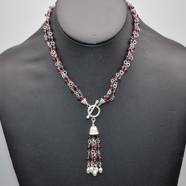 80's 925 silver purple garnet bohemian tassel necklace, 3 strand sterling rhodolite beads fringe toggle pendant 