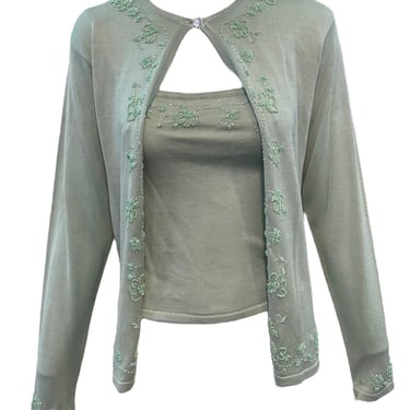 Collette Dinnigan Y2K Teal Blue Beaded Silk Sweater Set
