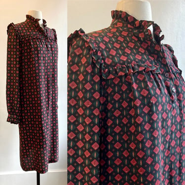 Vintage 70s SILK Boho Ruffle Smock Dress / Scarf Print / Early MAGGY LONDON 