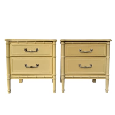 Faux Bamboo Nightstands Project FREE SHIPPING - Set of 2 Vintage End Tables Henry Link Style Hollywood Regency Coastal Pair 