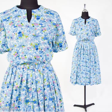 1950s Blue Floral Print Day Dress | 50s Blue Flower Nylon Dress | Shelton Stroller | Medium 