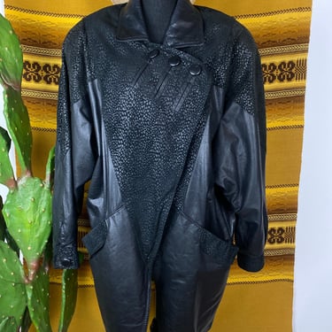 Vintage 1980s Long Black Leather Coat 