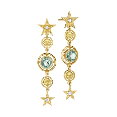 Green Sapphire Moonface Airline Earrings - 18K Gold, Green Sapphires + Diamonds