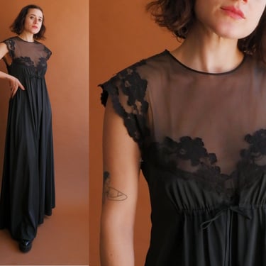 Vintage 70s Black Nightgown with Sheer Bodice and Back/ Size Medium 