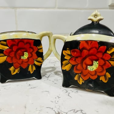 Mid Century Japanese Porcelain Floral Creamer and Sugar Set with Handles by LeChalet