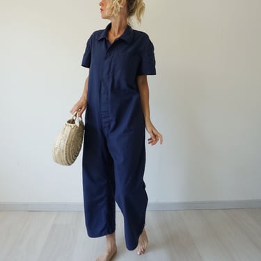 Vintage Deep Indigo Cotton Coverall | Utility Coveralls  | Jump Suit Jumpsuit | Cotton Navy Short Sleeve Mechanic | Boilersuit Boiler Suit 