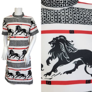 Deadstock 1960's White Black Graphic Lion Print Poly Scooter Dress I Sz Med I NWT 