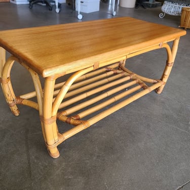 Restored Two-Tier Rattan Coffee Table with Mahogany Top & Pole Bottom 
