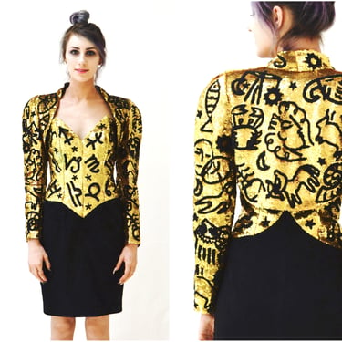 Vintage Sequin Jacket Black and Gold Metallic Bolero with Zodiac signs ASTROLOGY by Michael Hoban North beach Leather Small Medium 