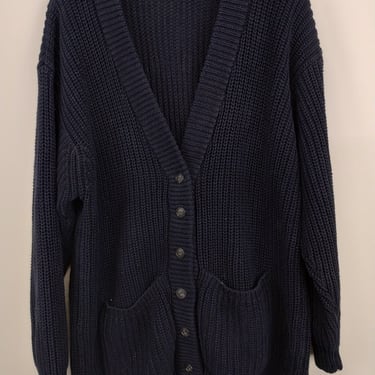 L 70s Liz Claiborne Ribbed Knit Cardigan Sweater 2 Pocket Black  1970s 1980s Large  Cotton Cottage Grandma Cute Fall Autumn 