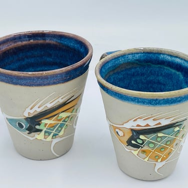 Pair of Original Signed Studio Art Mugs- Raised Fish Design Glazed Interior 