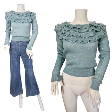 You Babes 1970's Baby Blue Silver Lurex Lace Pullover Sweater I Sz Sm 