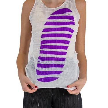 1990S Issey Miyake White Pleated Polyester Top With Printed Purple Shape 