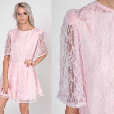 Pink Lace Mini Dress 80s Party Dress Short Sheer Puff Sleeve Pastel High Waisted Cocktail Fit and Flare Prom Going Out Vintage 1980s Medium 