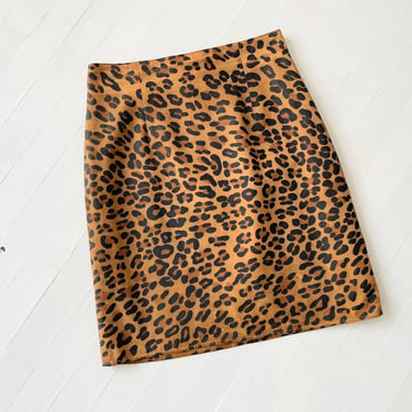 1990s Vakko Leopard Print Suede Skirt 
