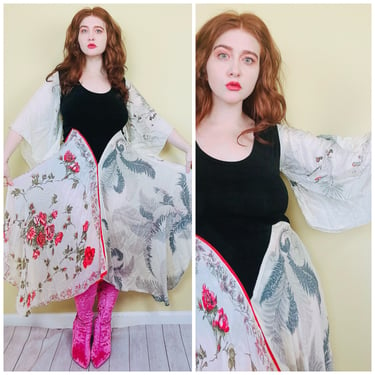 1970s Vintage Silken Grass Deadstock Hanky Hem Dress / 70s Rose Floral Sheer Silk Hippie Dress / Size Small - Large 