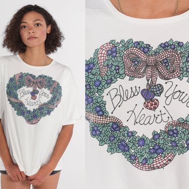 Bless Your Heart Shirt 90s Southern Saying T-Shirt Floral Heart Wreath Graphic Tee Cute Retro Kawaii Single Stitch White Vintage 1990s XL 