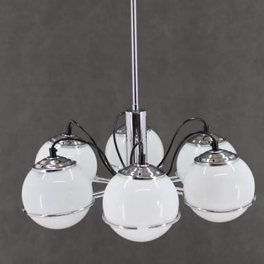 1970s Targetti Sankey Italian Chrome and Opaline Glass Chandelier / Vintage Chrome and Glass Chandelier / Italian Design 