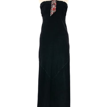 1970's Bead Accented Suede Halter Gown