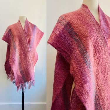 Vintage Handwoven Shawl Scarf Poncho / Mohair Wool Blend / Fringe / Gorgeous Colors 