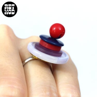 Interesting Adjustable Vintage Red Purple Stacked Button Statement Ring 