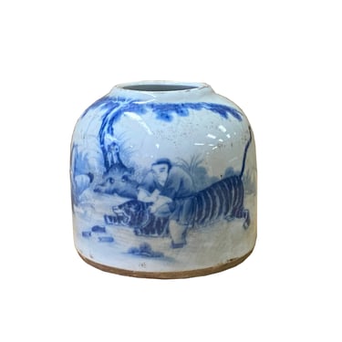 Chinese Blue White Porcelain Tiger Graphic Round Holder Vase ws2006E 
