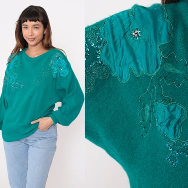 Floral Sequin Sweater 80s 90s Green Beaded Flower Sweater Sparkly Knit Pullover Dolman Sleeve Acrylic Blend Knitwear Vintage 1980s Medium 