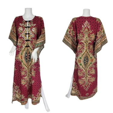 1970's Fuschia Pink Thai Cotton Batik Caftan Dress I Sz Med I Angel Wing 
