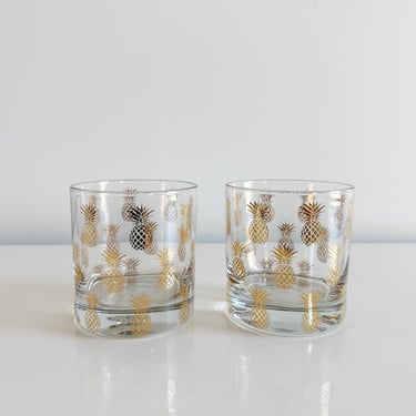 Golden Pineapple Drinkware: Highball & Double Old Fashioned Glasses with Gold Metallic Pineapples by Williams Sonoma Turkey Vintage 2000s 
