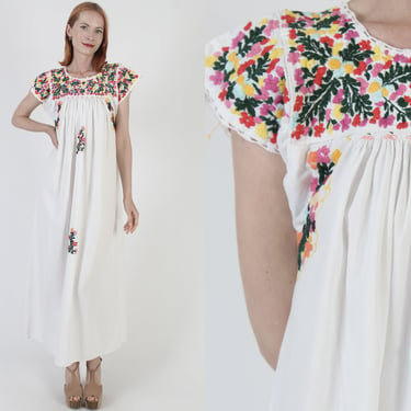 Traditional White Oaxacan Maxi Dress Cotton Embroidered Mexican Caftan Womens Pueble Frida Sundress 