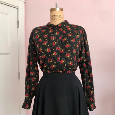 1980's Size 8 - Black Floral Long Sleeve Button Up Blouse 